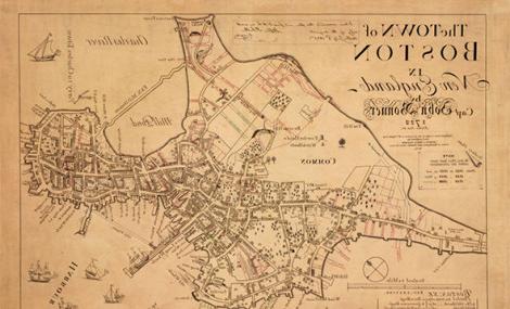 波士顿早期的半岛地图，标出了街道和建筑物
